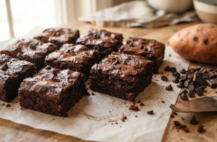 Freshly sliced sweet potato brownies recipe squares showing a dense fudgy crumb