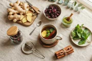 Collection of detox ginger tea recipe ingredients including ginger, hibiscus, peppermint, and moringa