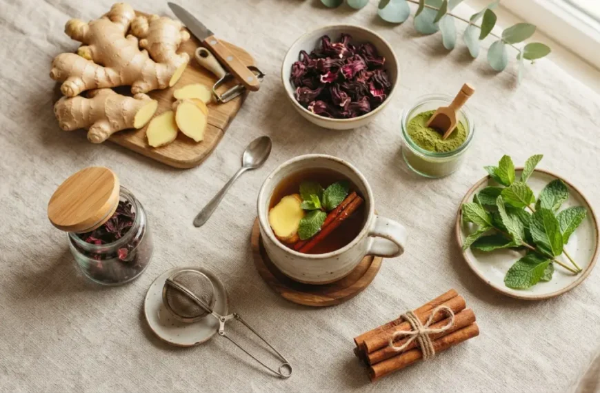 Collection of detox ginger tea recipe ingredients including ginger, hibiscus, peppermint, and moringa
