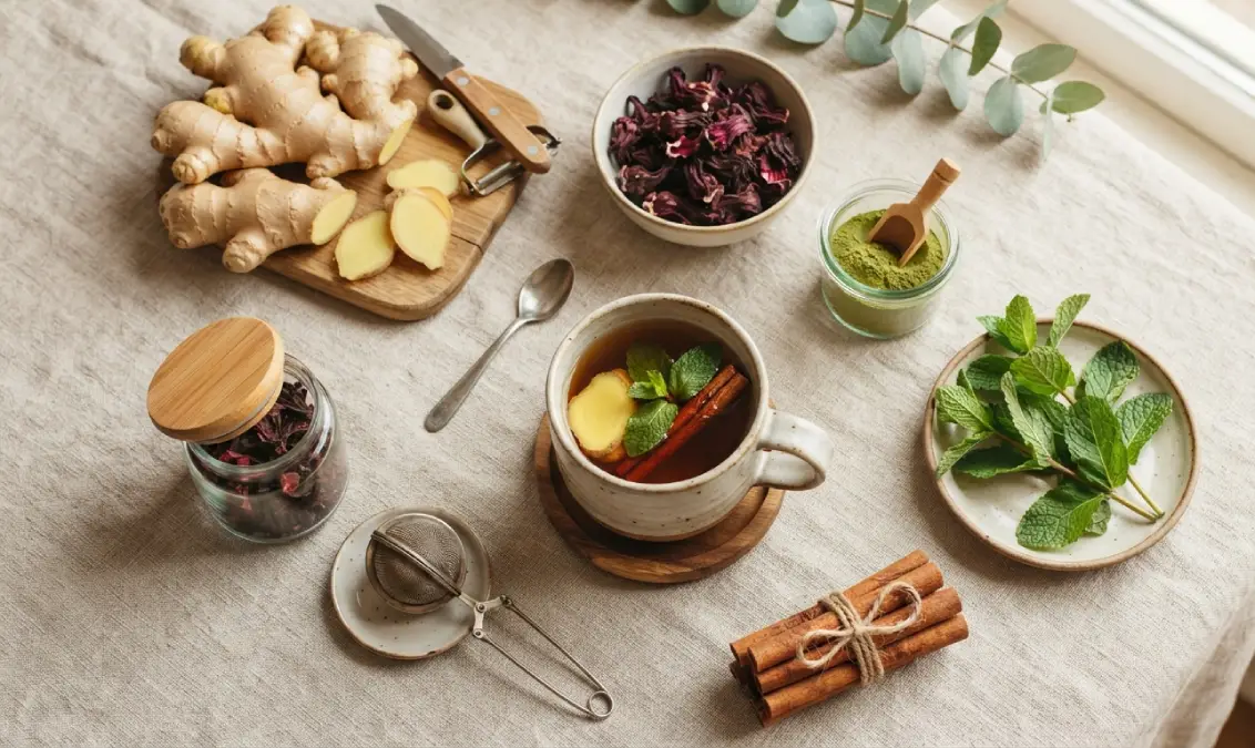 Collection of detox ginger tea recipe ingredients including ginger, hibiscus, peppermint, and moringa