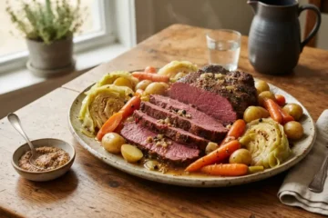 Plated corned beef and cabbage instant pot dish with carrots and potatoes