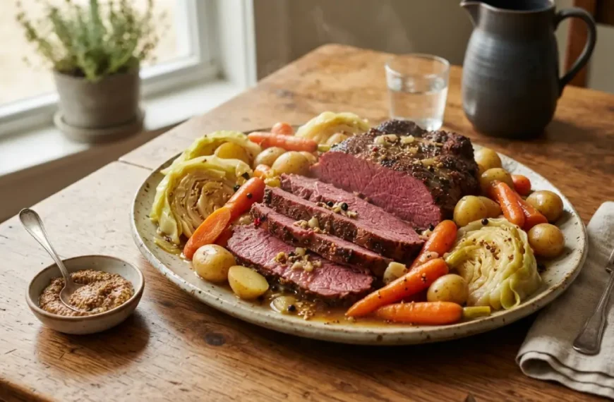 Plated corned beef and cabbage instant pot dish with carrots and potatoes