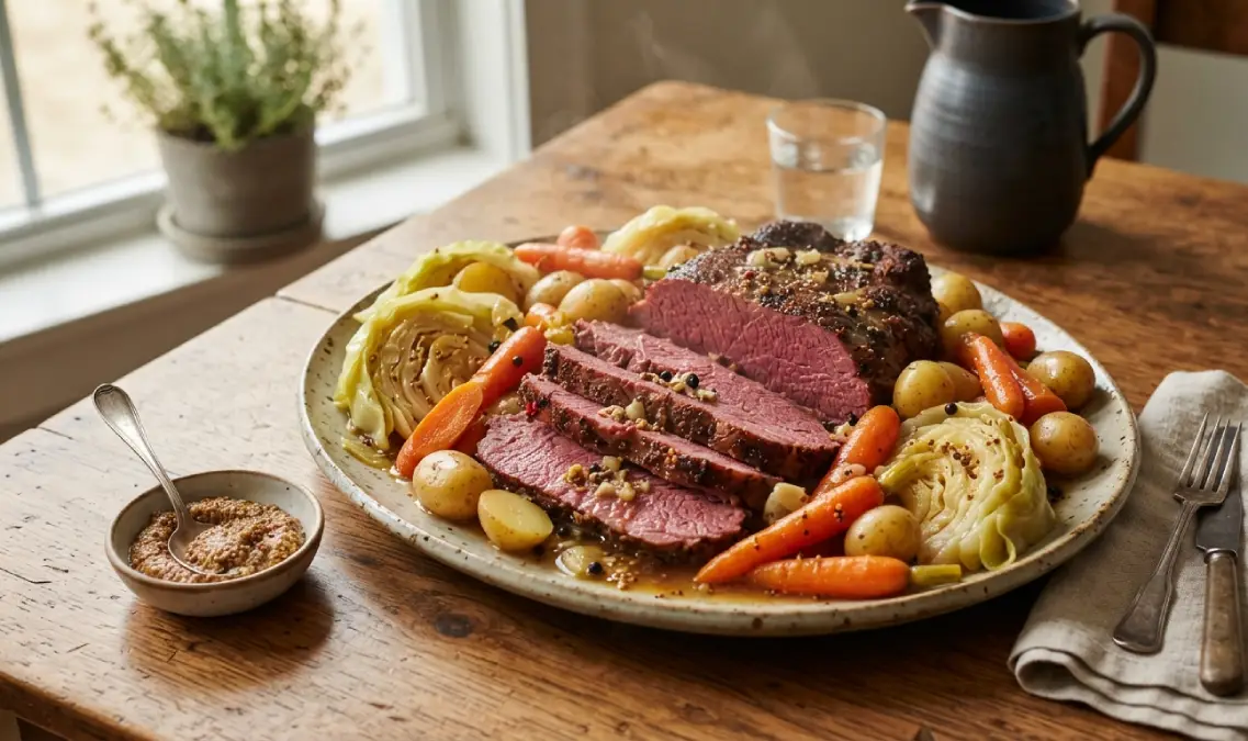 Plated corned beef and cabbage instant pot dish with carrots and potatoes