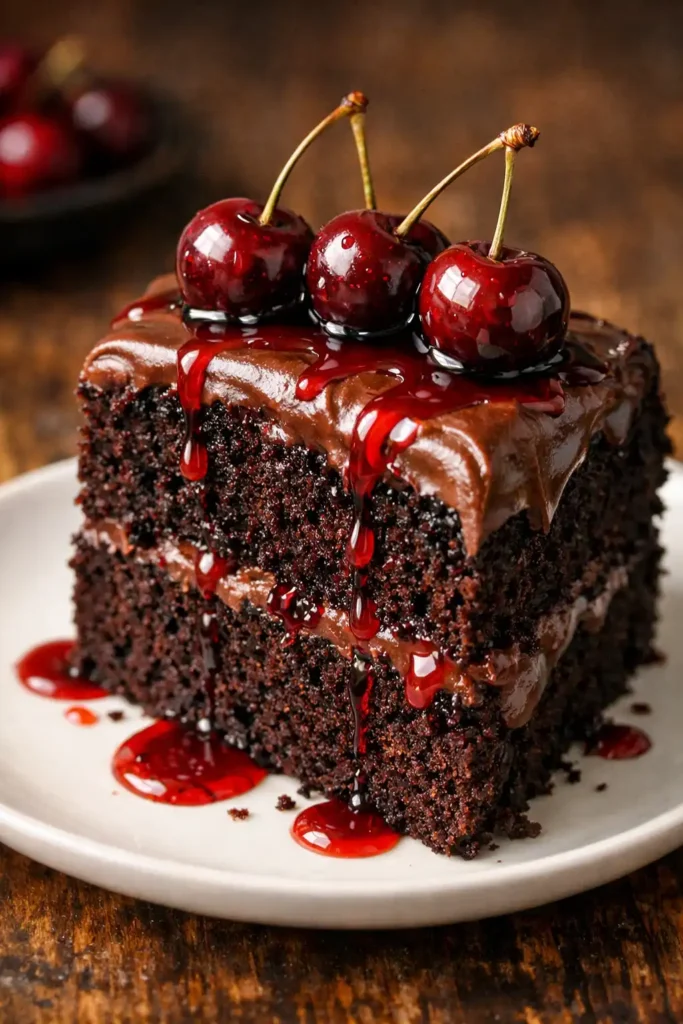 cherry cola cake slice showing moist dark chocolate crumb with cherry cola frosting and fresh cherries on top