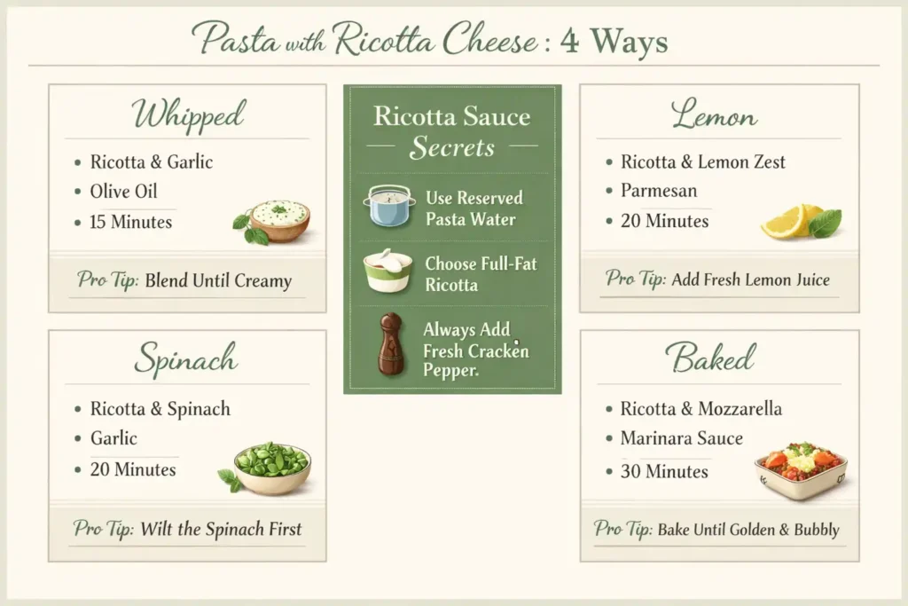 pasta with ricotta cheese infographic showing four recipe variations with key ingredients cooking tips and pasta water guide