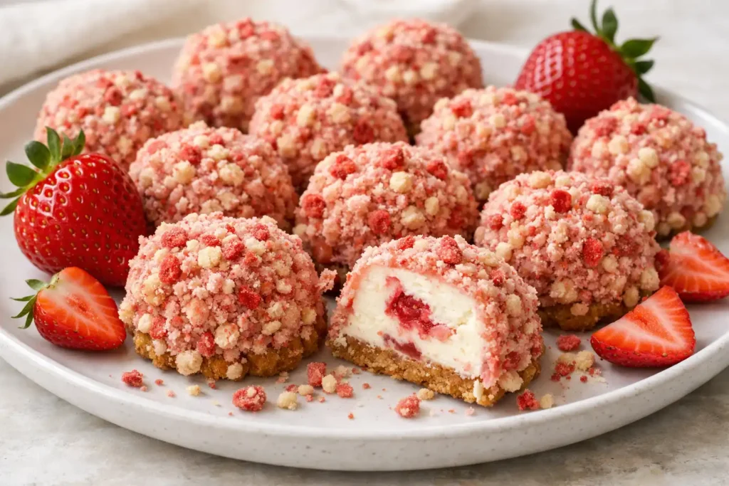 strawberry crunch cheesecake bites on white plate showing pink crunch coating creamy cheesecake center and fresh strawberries