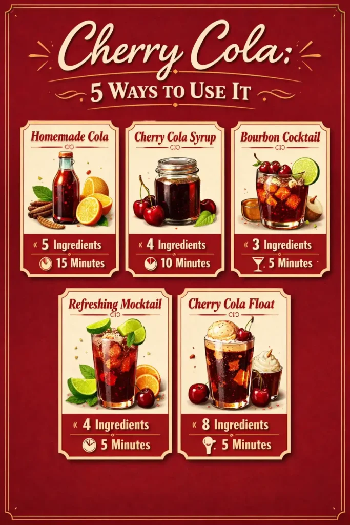 cherry cola infographic showing five recipe variations from homemade syrup to cocktail mocktail float and cake with ingredients and tips