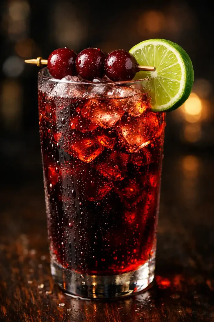 cherry cola in tall glass with ice fresh cherries and straw on marble surface with cherry cola syrup bottle