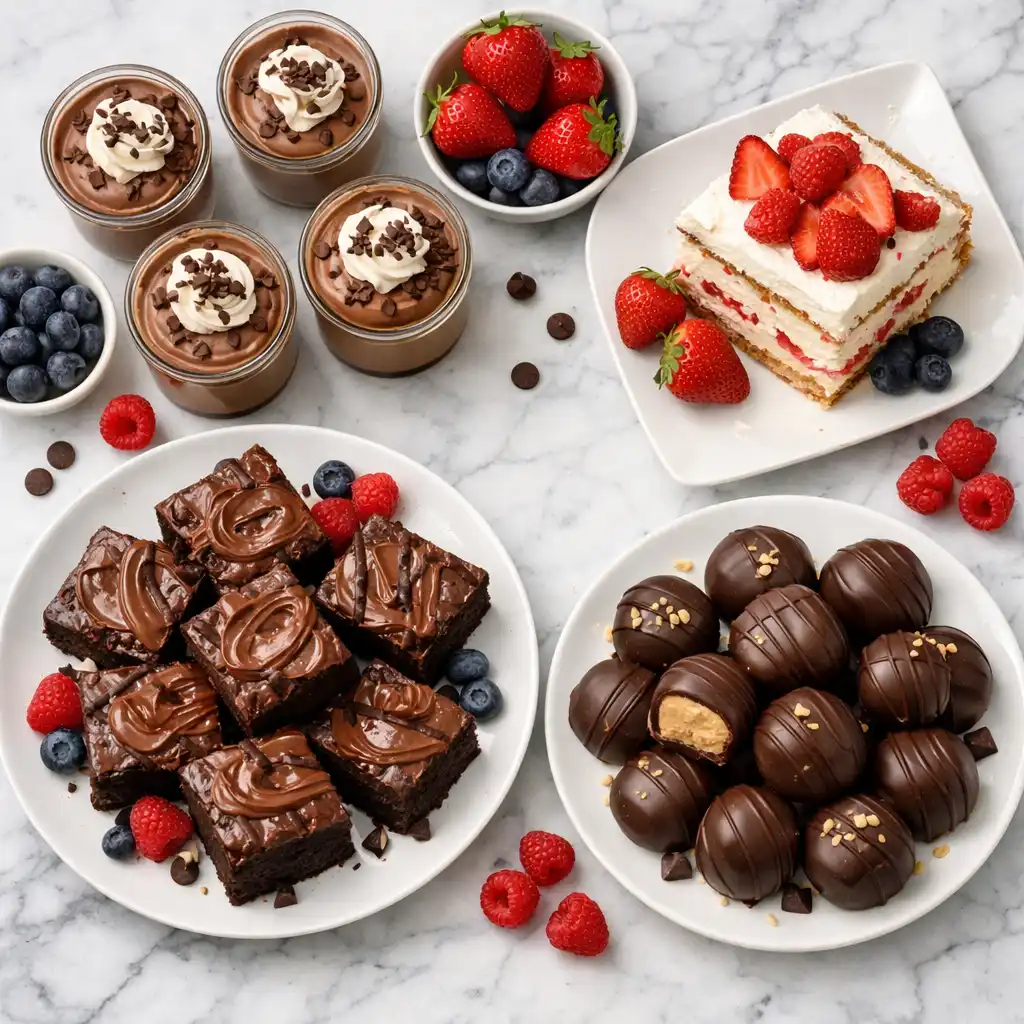 dessert ideas spread showing chocolate lava cake fruit tart no bake cheesecake and brownies on marble table
