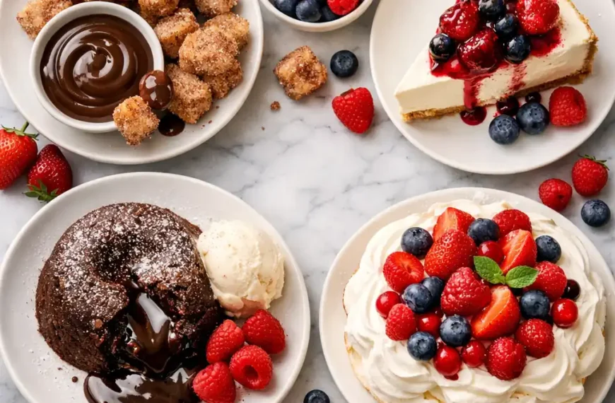 dessert ideas spread showing chocolate lava cake cheesecake churro bites and pavlova on marble table