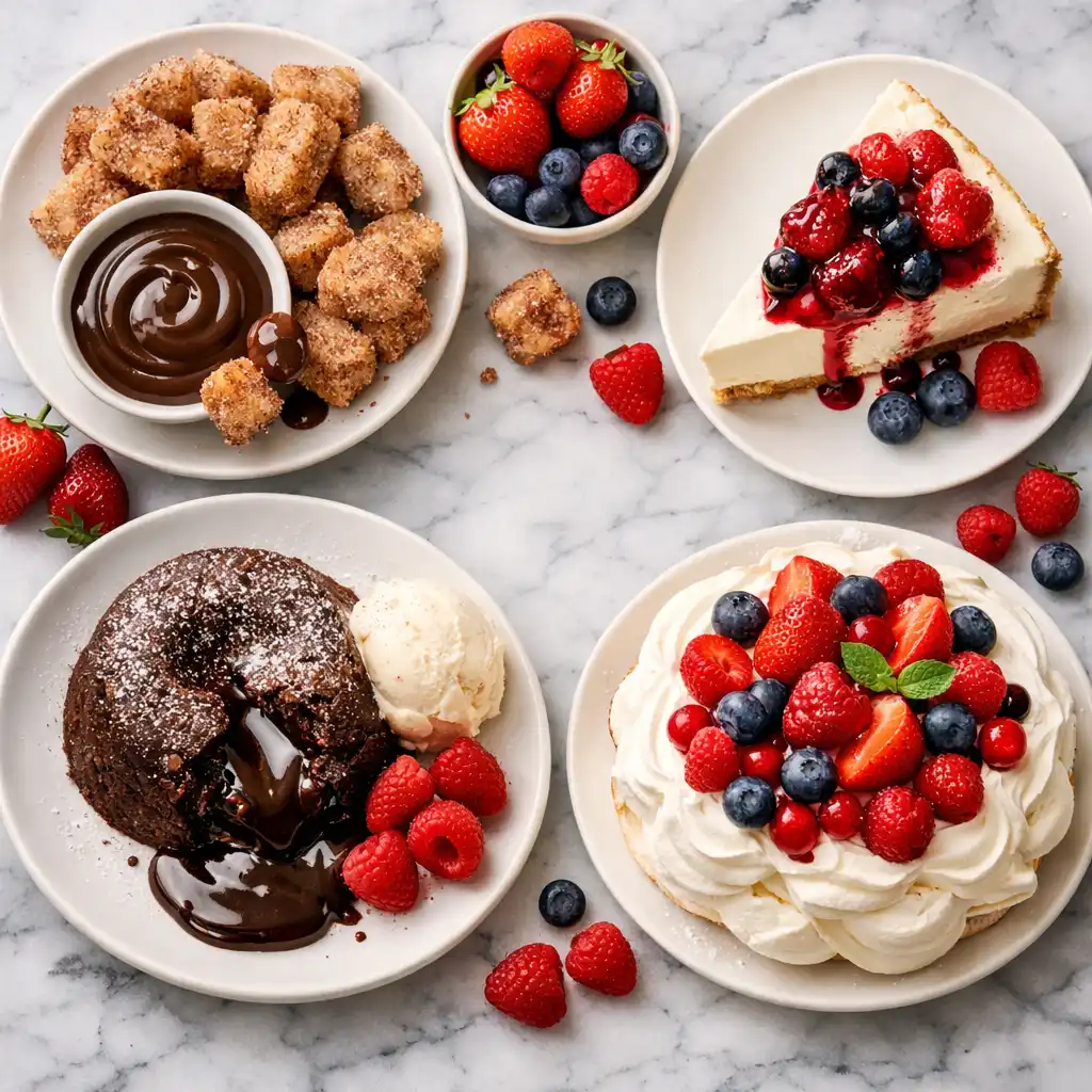 dessert ideas spread showing chocolate lava cake cheesecake churro bites and pavlova on marble table