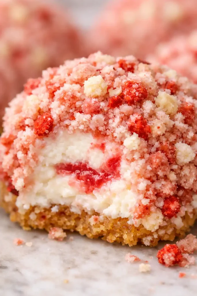 strawberry crunch cheesecake bites close up showing pink crunch coating texture with creamy white cheesecake center