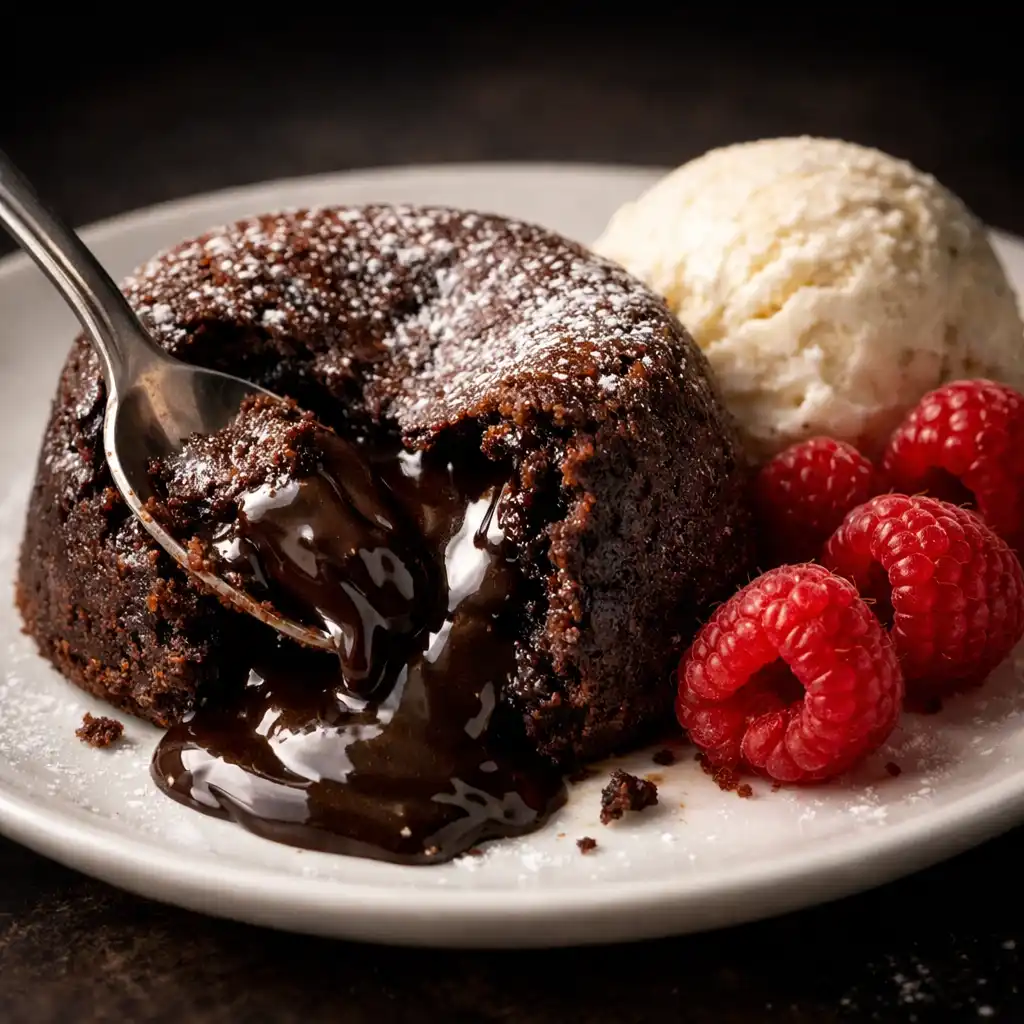 dessert ideas chocolate lava cake with molten center served with vanilla ice cream and fresh raspberries