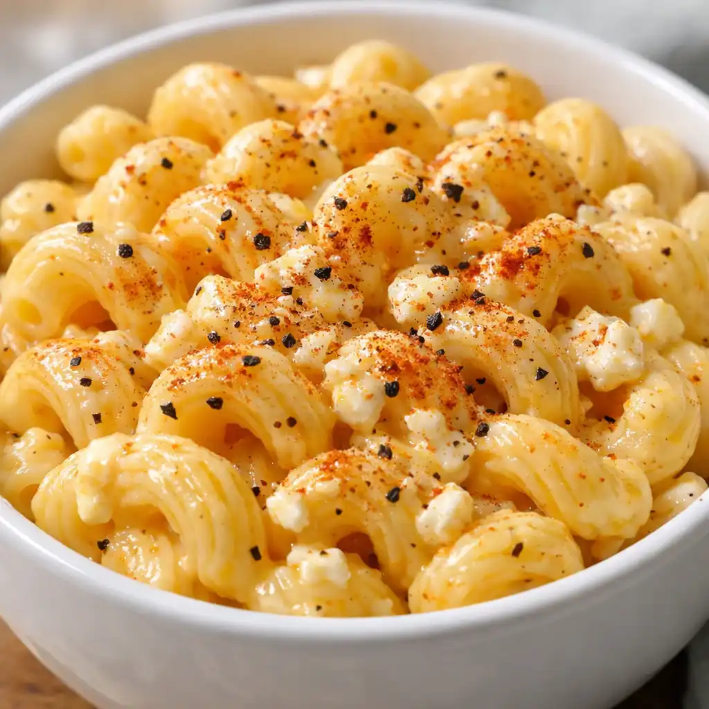 cottage cheese mac and cheese in white bowl showing creamy golden sauce coating elbow pasta with breadcrumb topping