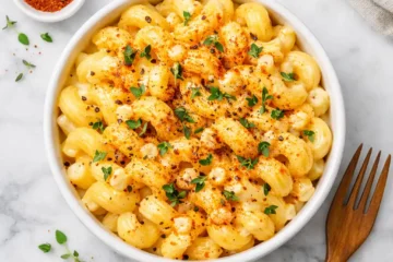 cottage cheese mac and cheese overhead flat lay in white bowl with creamy golden sauce elbow pasta smoked paprika and fresh thyme