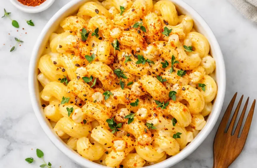 cottage cheese mac and cheese overhead flat lay in white bowl with creamy golden sauce elbow pasta smoked paprika and fresh thyme
