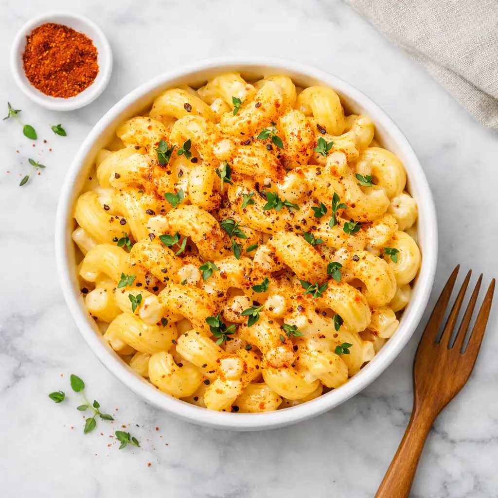 cottage cheese mac and cheese overhead flat lay in white bowl with creamy golden sauce elbow pasta smoked paprika and fresh thyme