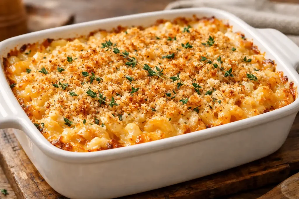 baked cottage cheese mac and cheese in white ceramic dish with golden crispy breadcrumb topping and bubbling cheese edges