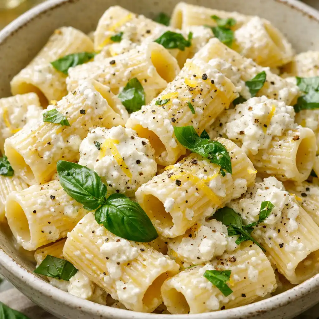 pasta with ricotta cheese in white bowl showing creamy whipped ricotta sauce with fresh basil lemon zest and black pepper