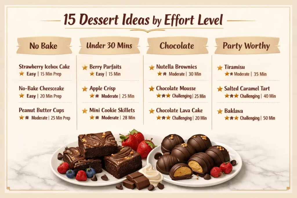 infographic showing 15 dessert ideas organized by effort level from no bake to impressive party desserts with time estimates