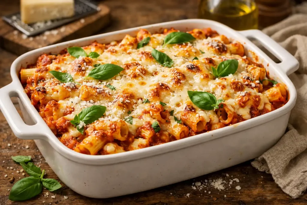 pasta with ricotta cheese baked ziti bubbling golden from oven in white ceramic baking dish with fresh basil