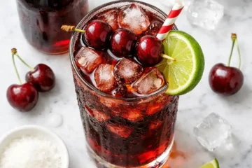 cherry cola in tall glass with ice fresh cherries paper straw and homemade cherry cola syrup on marble surface