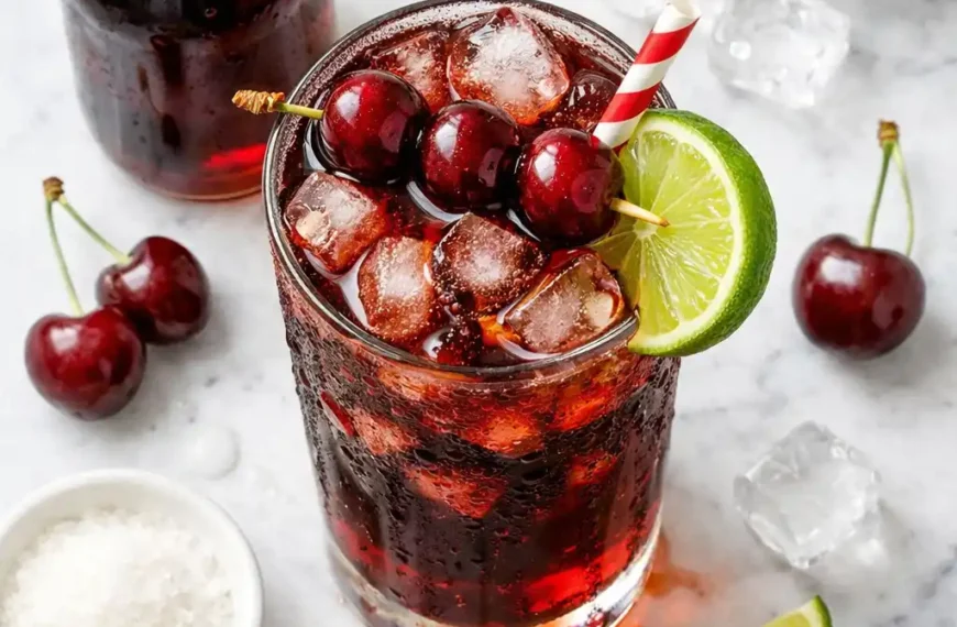 cherry cola in tall glass with ice fresh cherries paper straw and homemade cherry cola syrup on marble surface