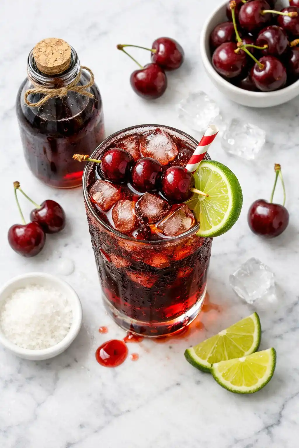 cherry cola in tall glass with ice fresh cherries paper straw and homemade cherry cola syrup on marble surface