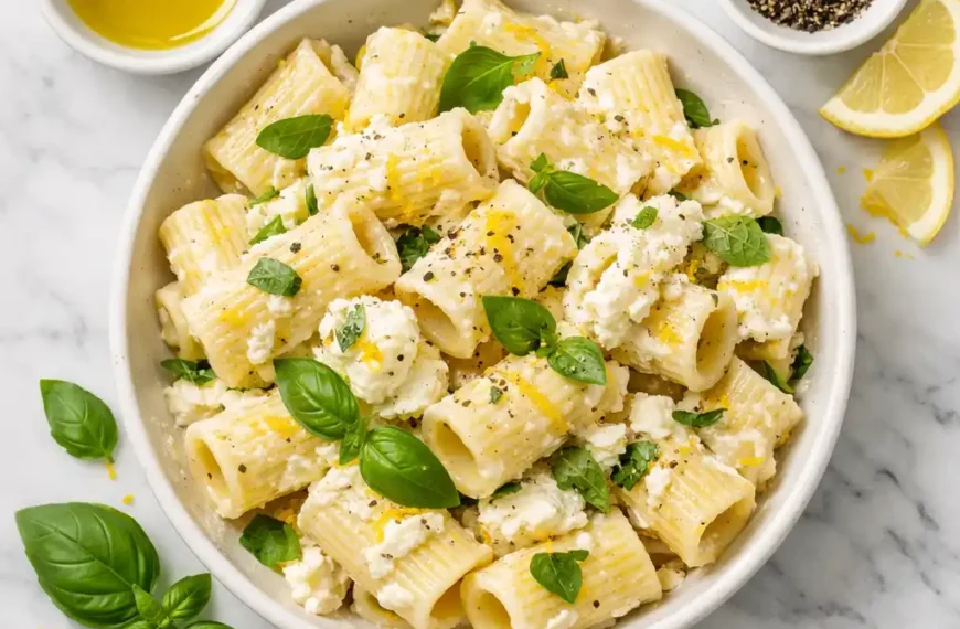 pasta with ricotta cheese overhead flat lay in white bowl with whipped ricotta sauce fresh basil lemon zest and black pepper