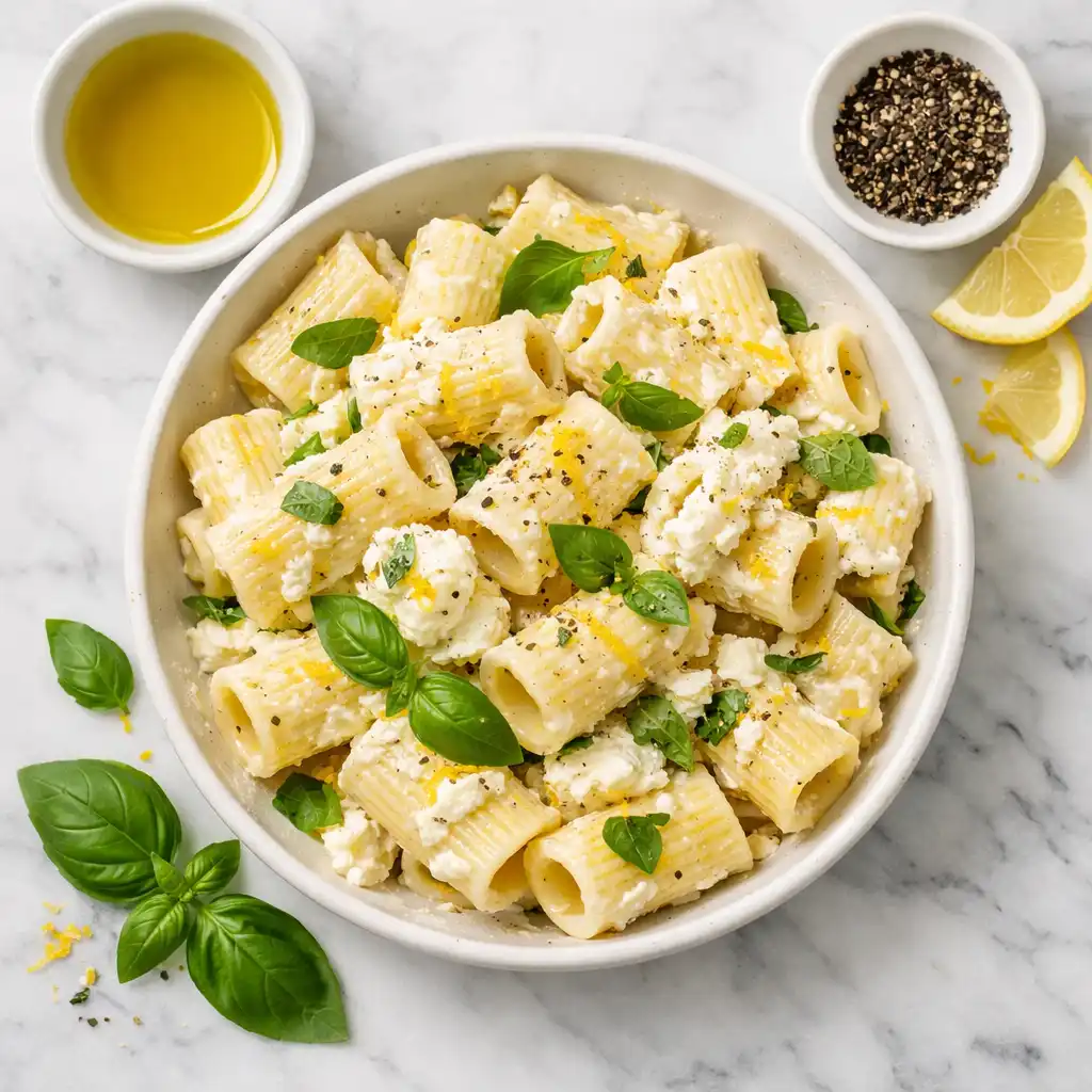 pasta with ricotta cheese overhead flat lay in white bowl with whipped ricotta sauce fresh basil lemon zest and black pepper