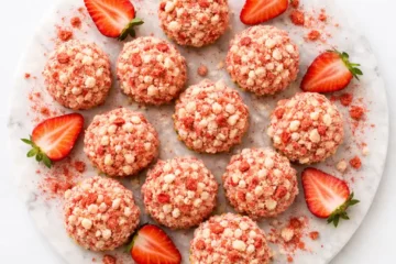 strawberry crunch cheesecake bites arranged on white marble board with pink crunch coating and fresh strawberries
