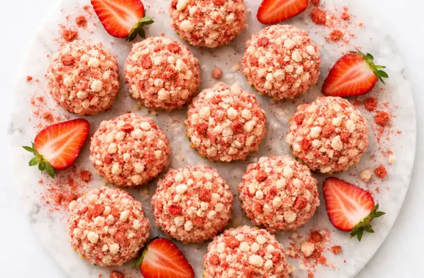 strawberry crunch cheesecake bites arranged on white marble board with pink crunch coating and fresh strawberries