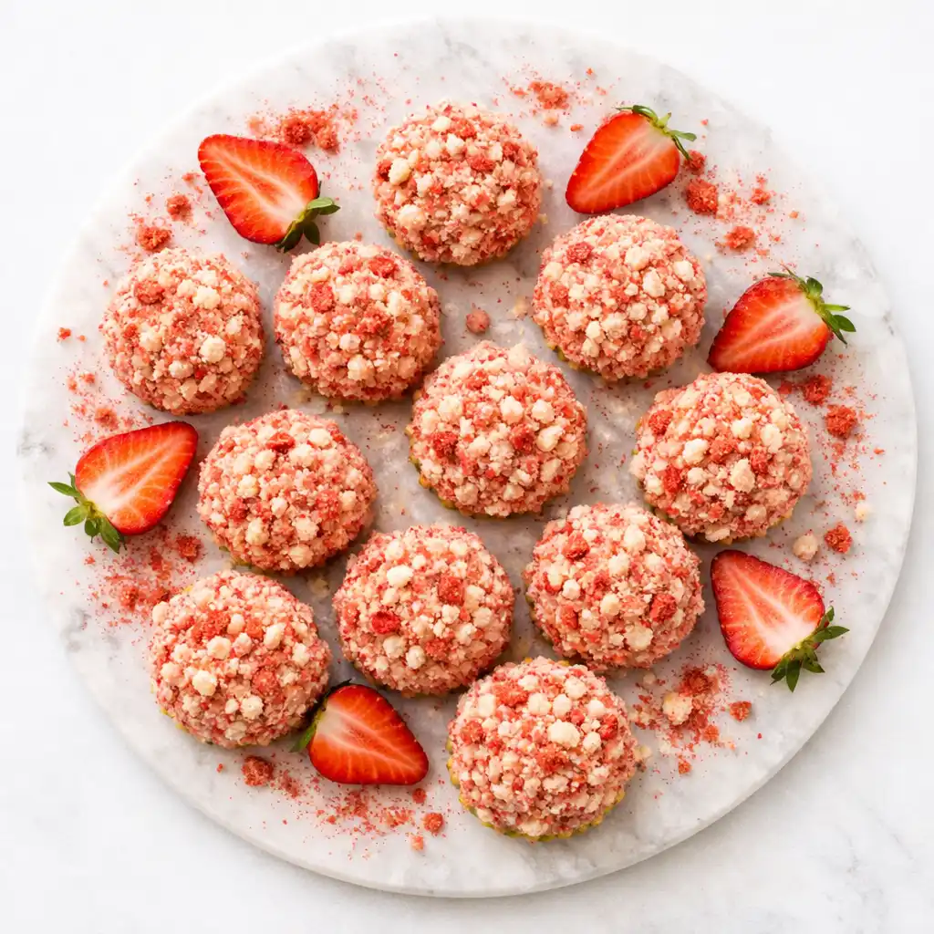 strawberry crunch cheesecake bites arranged on white marble board with pink crunch coating and fresh strawberries
