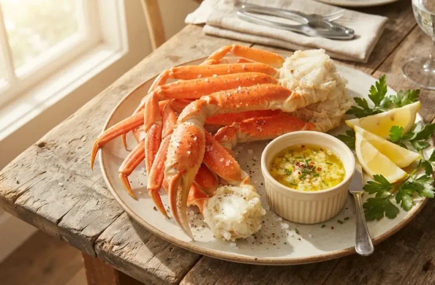 Plate of cooked snow crab legs with garlic butter dipping sauce and lemon wedges