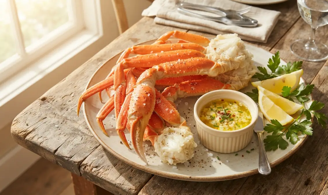 Plate of cooked snow crab legs with garlic butter dipping sauce and lemon wedges