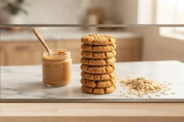 Stack of vegan peanut butter cookies with classic fork crosshatch pattern