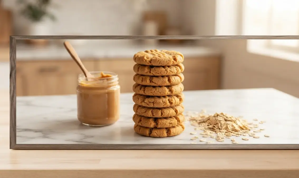 Stack of vegan peanut butter cookies with classic fork crosshatch pattern